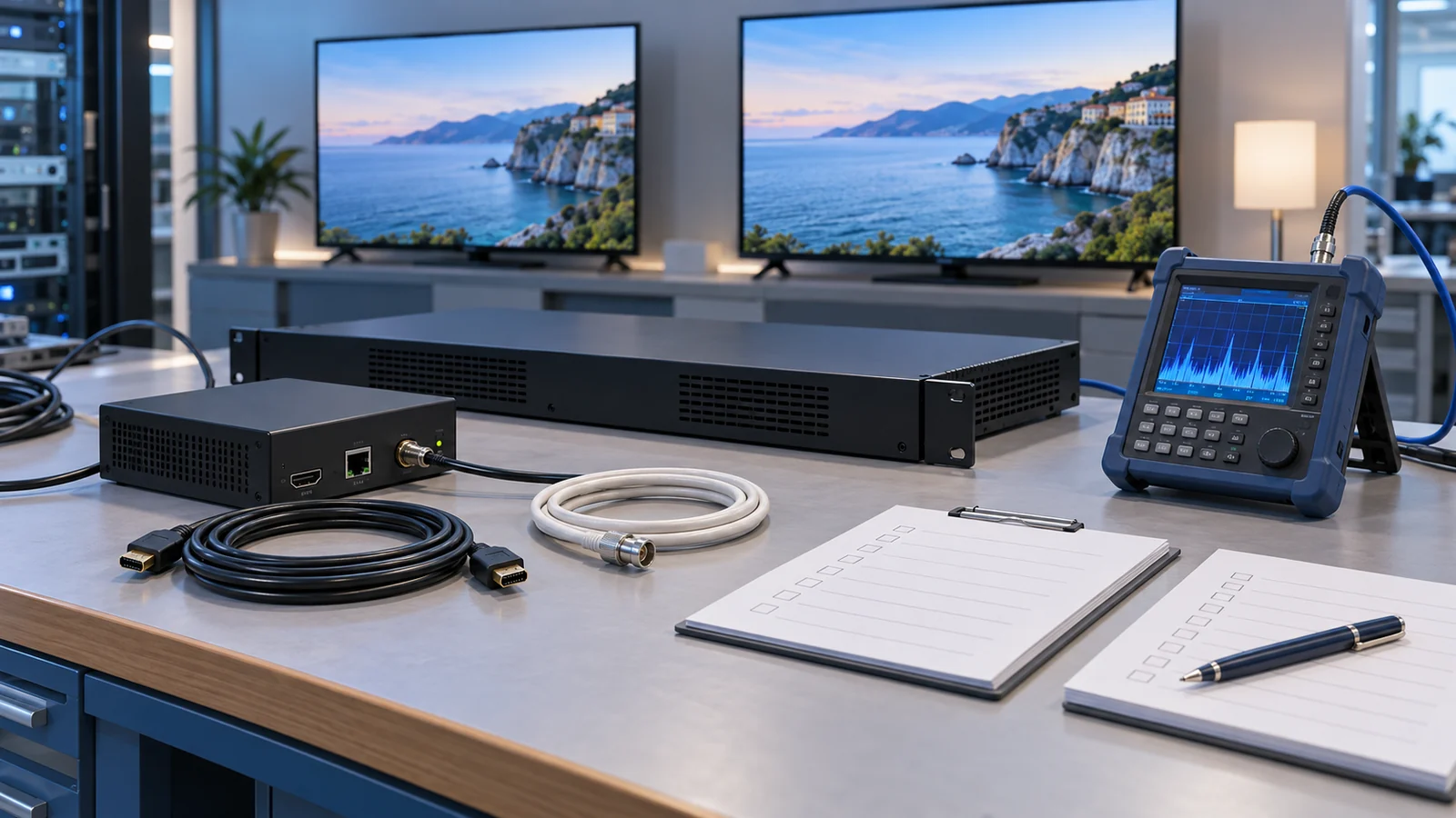 Conceptual HDMI modulator test bench with RF meter and two television displays