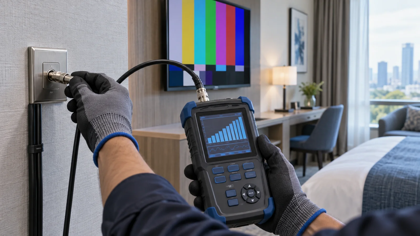 Technician checking a hotel coax TV outlet with an RF signal analyzer