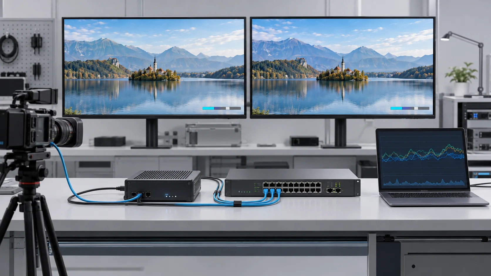 Concept illustration of a 4K IPTV encoder compatibility test with televisions, a switch and network monitoring