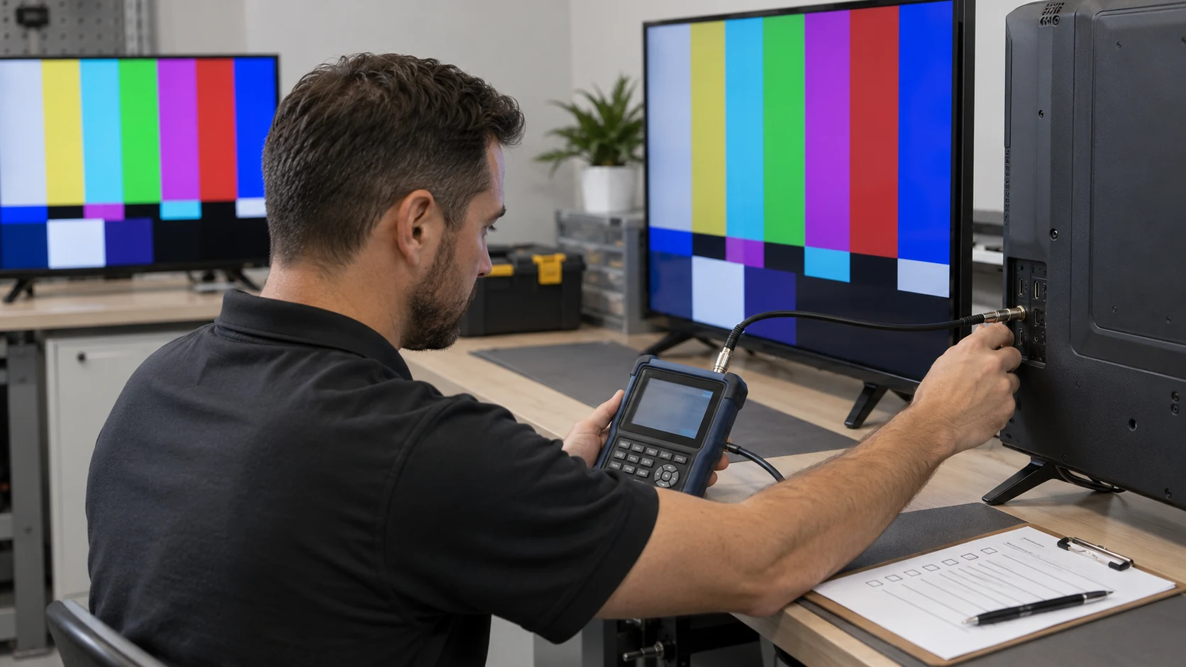 Conceptual test bench for checking hotel TV decoding and coax reception