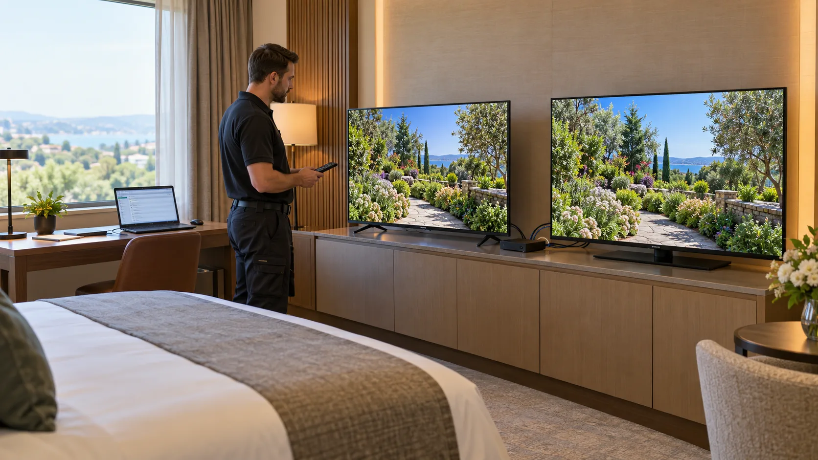 Conceptual hotel technician checking matching video on different television and IPTV receiver configurations