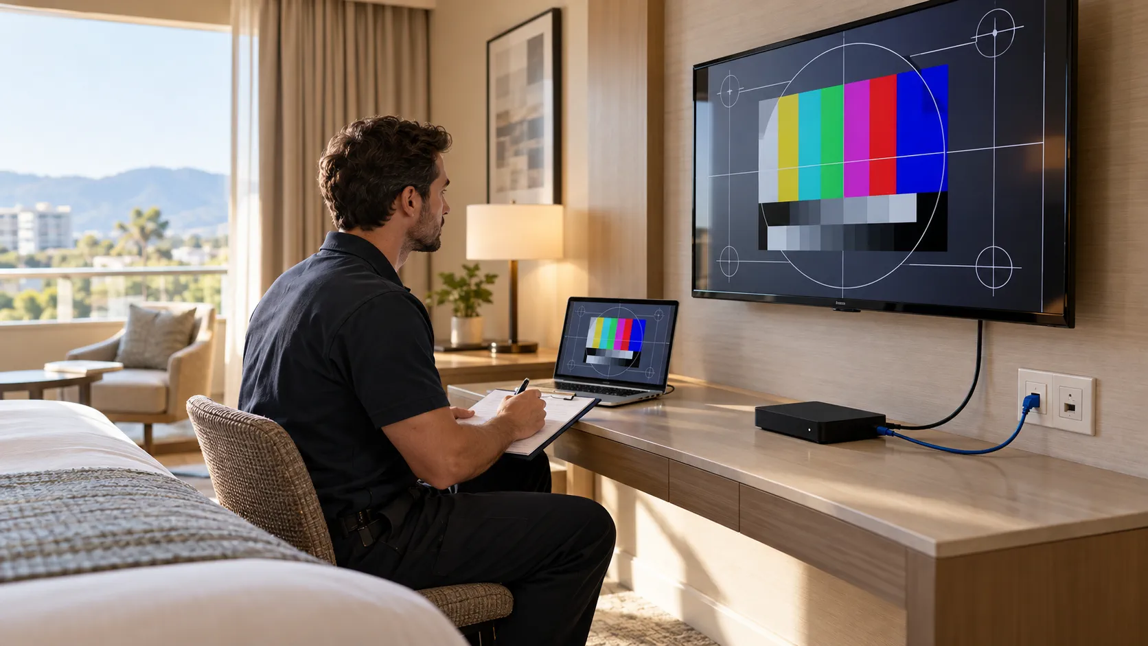 Conceptual hotel room pilot test with an IPTV receiver, television and engineer recording results