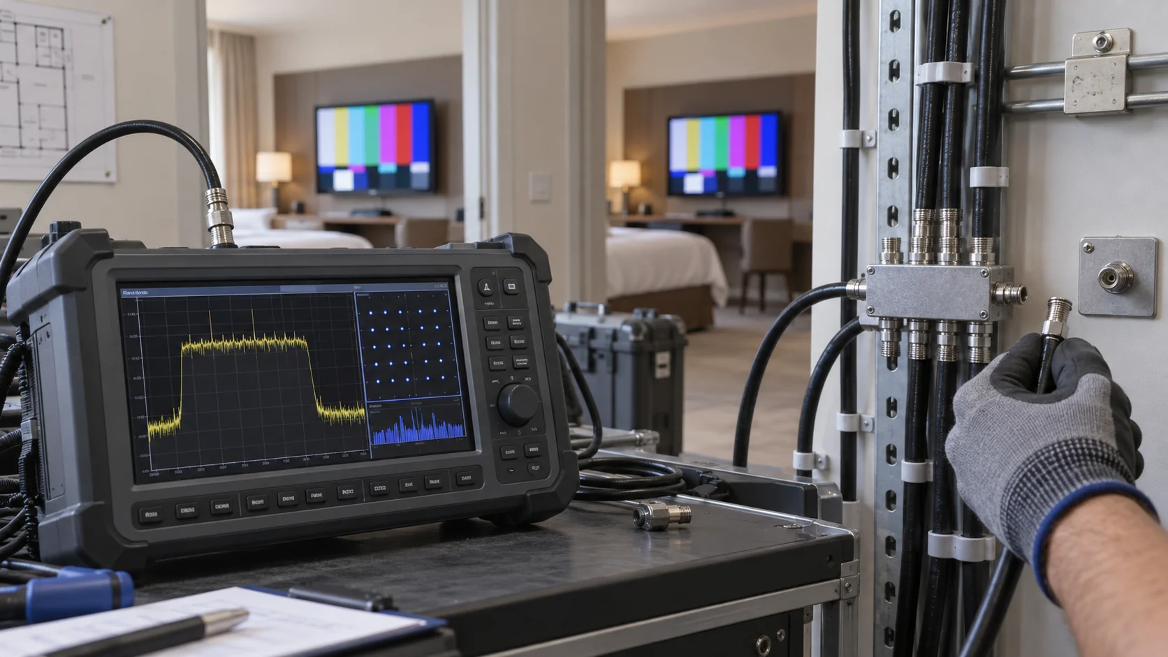 Conceptual hotel coax TV acceptance test with RF analyser, distribution connectors and two televisions showing colour bars