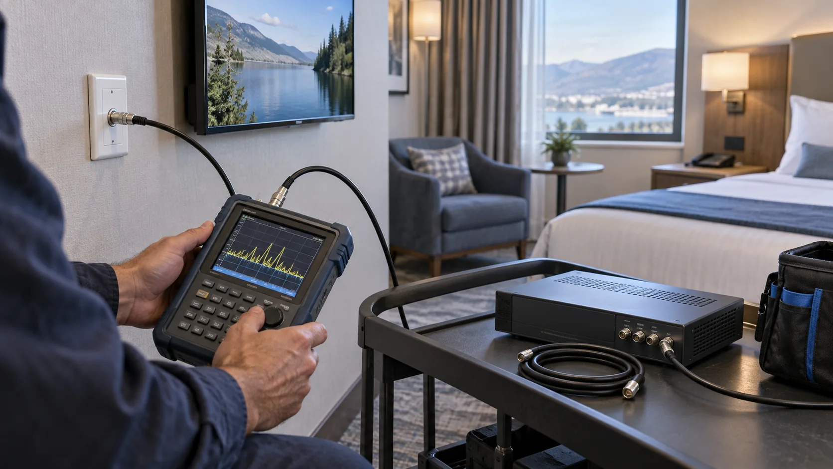 Concept scene of an engineer comparing RF measurements at a hotel room outlet