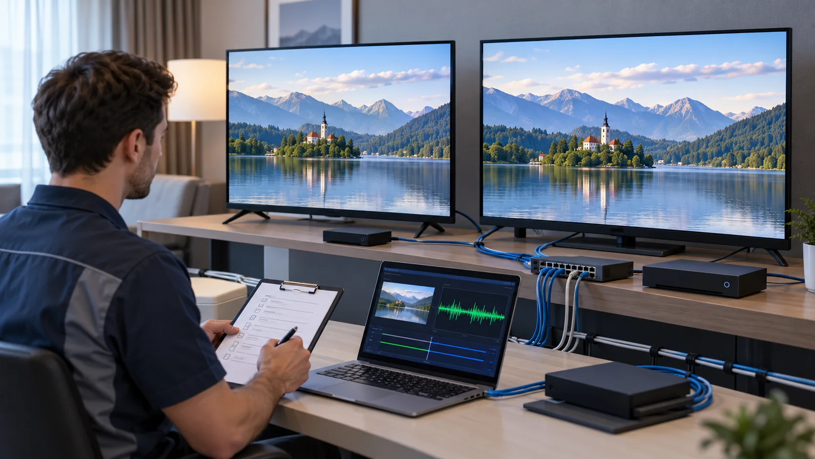Conceptual technician comparing hotel IPTV receivers during an acceptance test