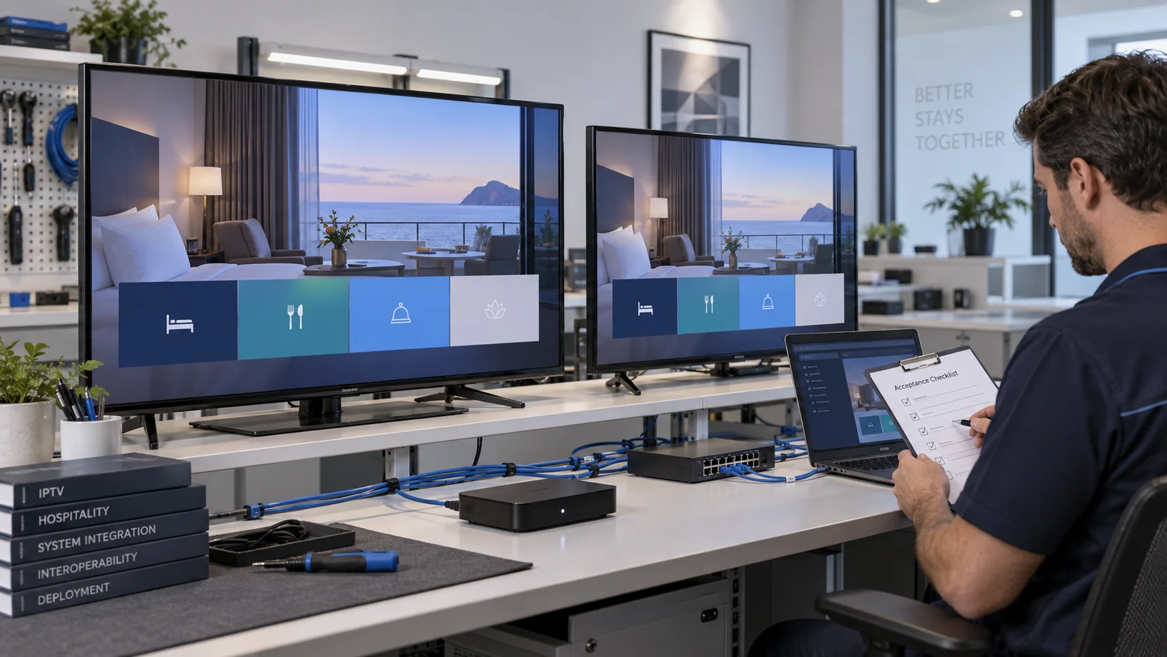 Concept illustration of an engineer checking hotel IPTV television compatibility at a test bench