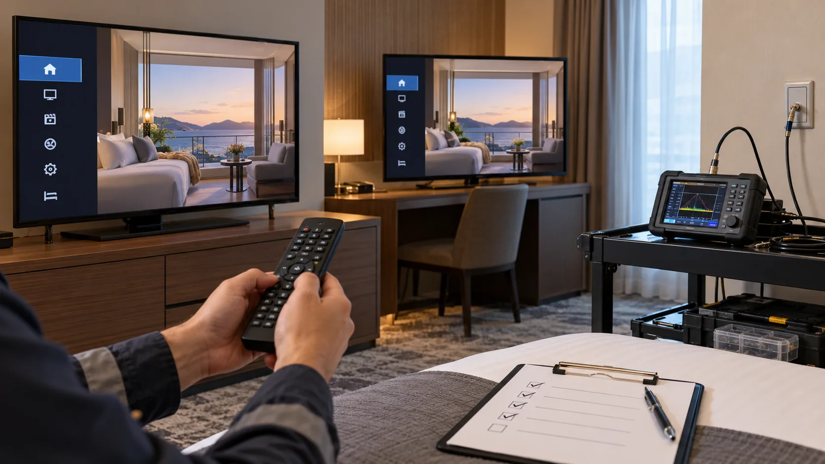Concept scene of a technician comparing a hotel TV channel lineup on two receivers