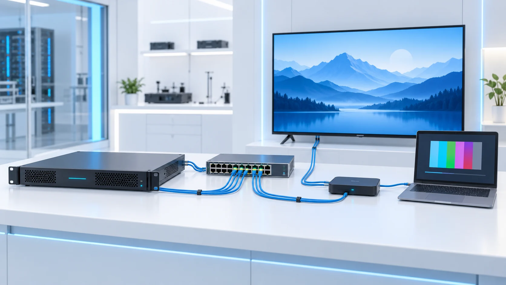 Conceptual IPTV encoder test bench with a network switch, television, set-top box and diagnostic laptop
