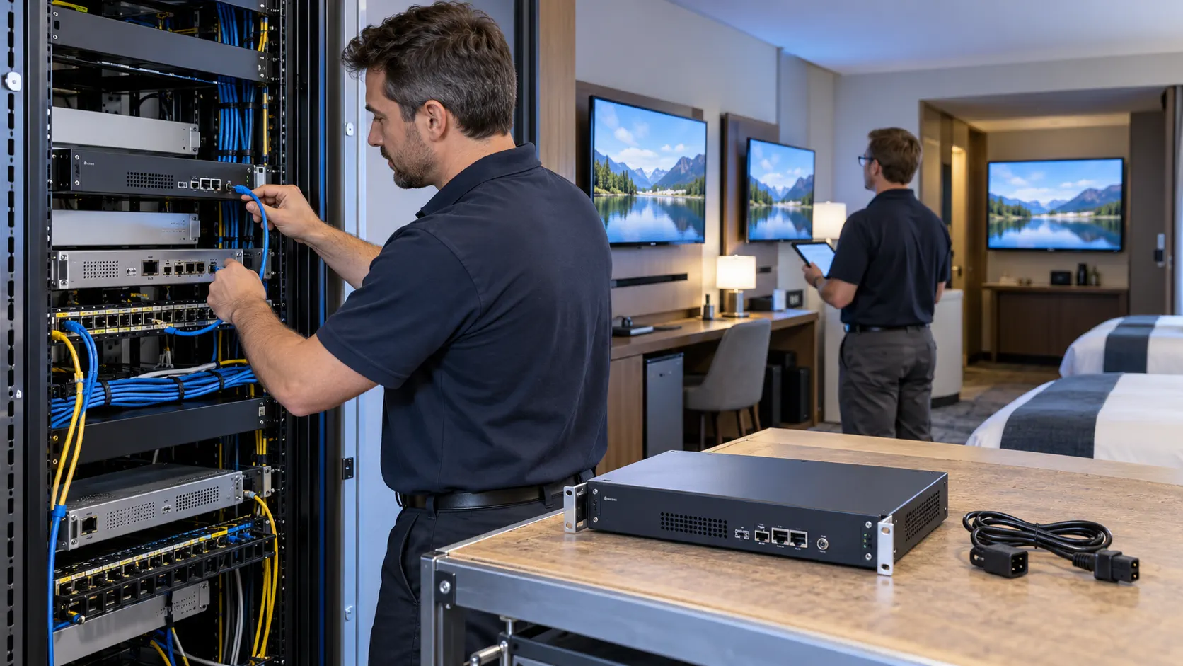 Conceptual technician checking a hotel IPTV headend with a separate spare encoder ready for a recovery exercise