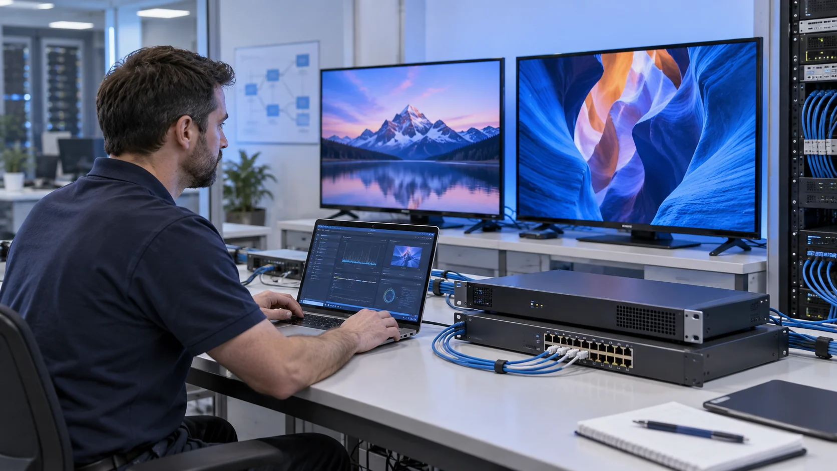 Concept illustration of an engineer testing IPTV headend equipment and television endpoint compatibility