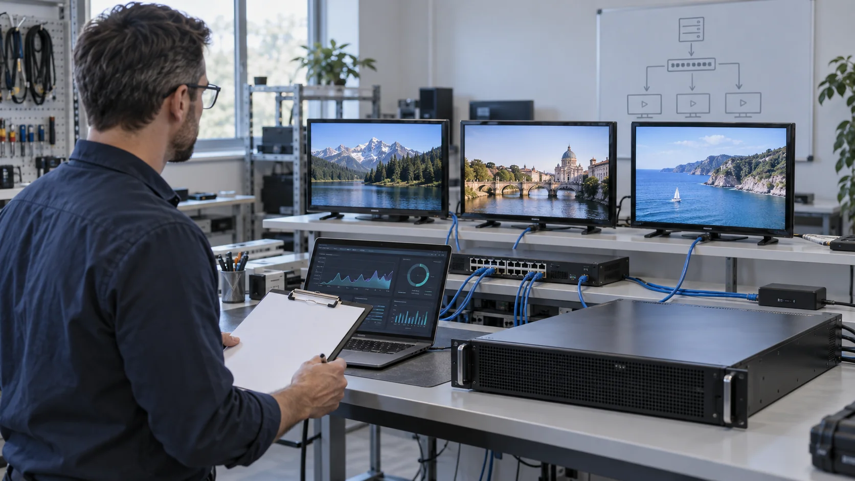 Concept illustration of an engineer testing IPTV server capacity and television endpoints on an AV bench