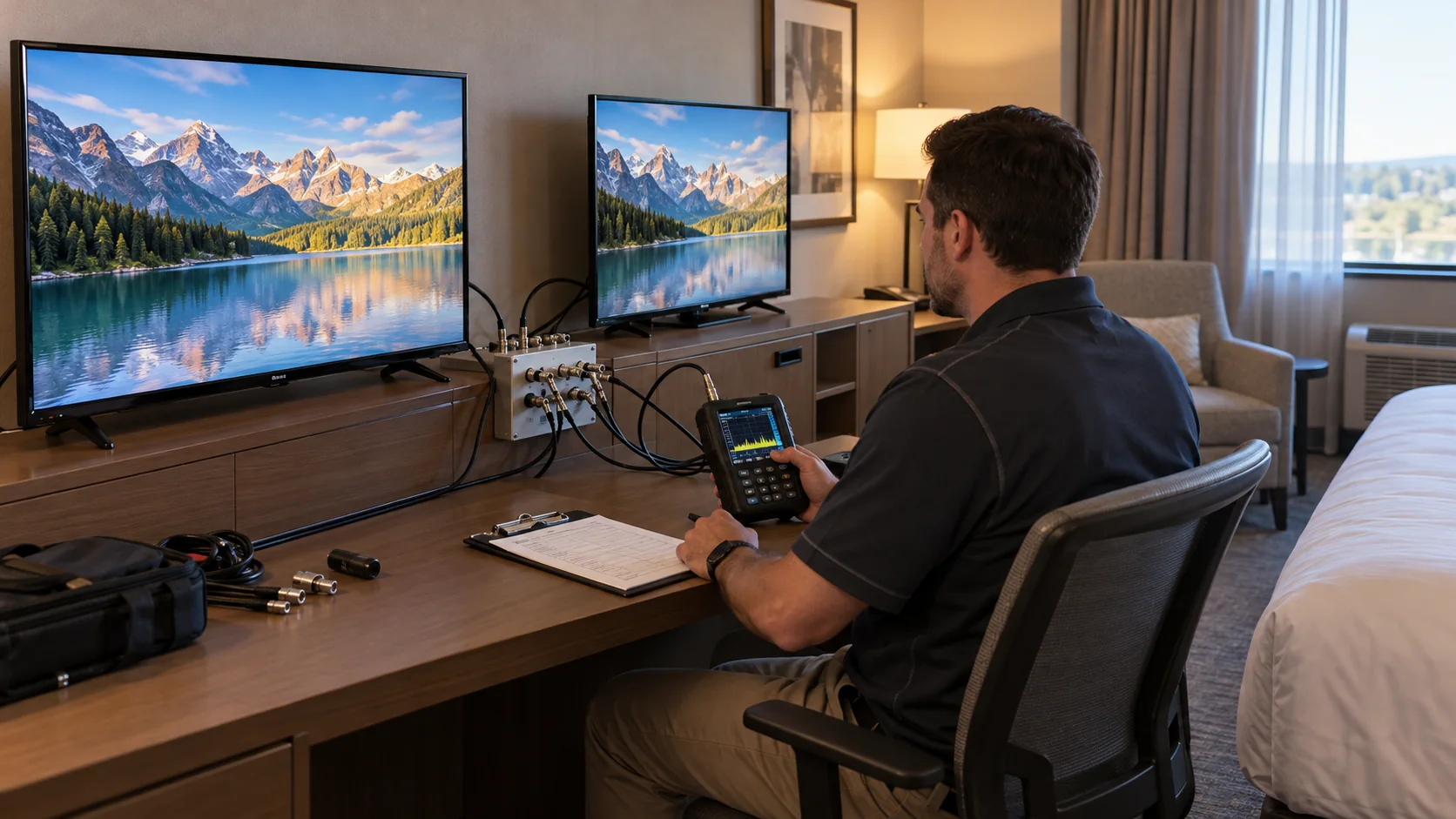 Engineer comparing two hotel television receivers during a QAM compatibility pilot